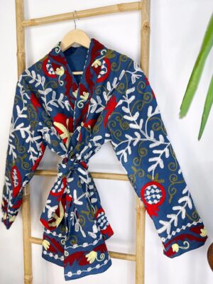 Suzani Hand Embroidered Short Jacket | Autumn Winter Boho Uzbek Kashmir Crewel | Christmas Special Gift | Christmas Vibe Blue Red White - Image 2