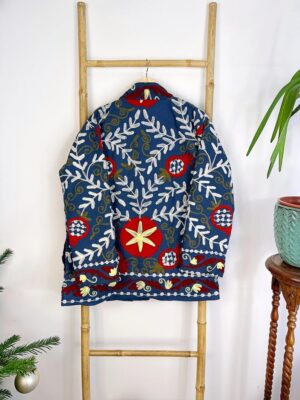 Suzani Hand Embroidered Short Jacket | Autumn Winter Boho Uzbek Kashmir Crewel | Christmas Special Gift | Christmas Vibe Blue Red White - Image 4