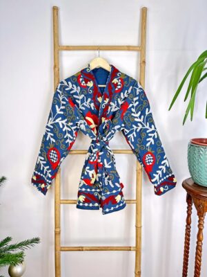 Suzani Hand Embroidered Short Jacket | Autumn Winter Boho Uzbek Kashmir Crewel | Christmas Special Gift | Christmas Vibe Blue Red White - Image 5