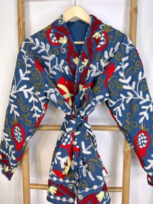 Suzani Hand Embroidered Short Jacket | Autumn Winter Boho Uzbek Kashmir Crewel | Christmas Special Gift | Christmas Vibe Blue Red White - Image 6