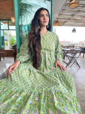 Pure Cotton Midi Lavender Green Floral Dress Indian Bagru Block