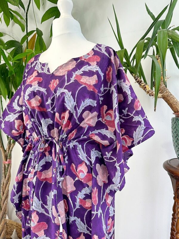 Pure Cotton Kaftan Dress Lounge | Indian Block print Summer Floral Beach Coverup/Comfy Maternity | Rich Purple Pink Pansy Blossom Botanical