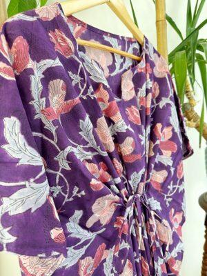 Pure Cotton Kaftan Dress Lounge | Indian Block print Summer Floral Beach Coverup/Comfy Maternity | Rich Purple Pink Pansy Blossom Botanical - Image 10