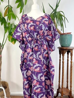 Pure Cotton Kaftan Dress Lounge | Indian Block print Summer Floral Beach Coverup/Comfy Maternity | Rich Purple Pink Pansy Blossom Botanical - Image 2