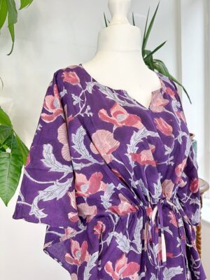 Pure Cotton Kaftan Dress Lounge | Indian Block print Summer Floral Beach Coverup/Comfy Maternity | Rich Purple Pink Pansy Blossom Botanical - Image 4