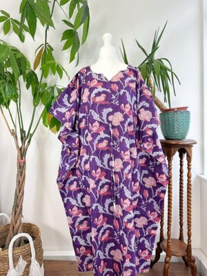 Pure Cotton Kaftan Dress Lounge | Indian Block print Summer Floral Beach Coverup/Comfy Maternity | Rich Purple Pink Pansy Blossom Botanical - Image 5