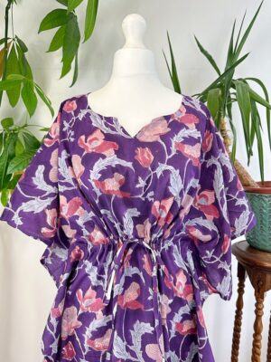 Pure Cotton Kaftan Dress Lounge | Indian Block print Summer Floral Beach Coverup/Comfy Maternity | Rich Purple Pink Pansy Blossom Botanical - Image 6