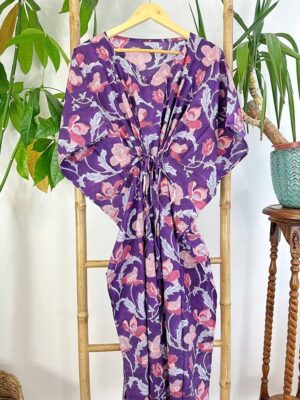 Pure Cotton Kaftan Dress Lounge | Indian Block print Summer Floral Beach Coverup/Comfy Maternity | Rich Purple Pink Pansy Blossom Botanical - Image 7