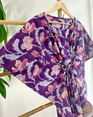 Pure Cotton Kaftan Dress Lounge | Indian Block print Summer Floral Beach Coverup/Comfy Maternity | Rich Purple Pink Pansy Blossom Botanical - Image 8