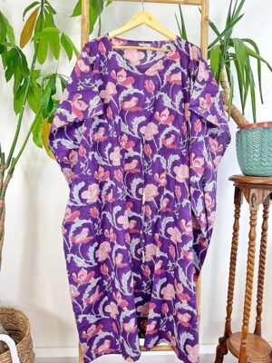 Pure Cotton Kaftan Dress Lounge | Indian Block print Summer Floral Beach Coverup/Comfy Maternity | Rich Purple Pink Pansy Blossom Botanical - Image 9