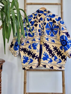 Suzani Hand Embroidered Unisex Bolero Short Jacket Spring Autumn Boho Uzbek Kashmir Crewel Special Love Gift | Classic Elegant Beige Blue | - Image 2