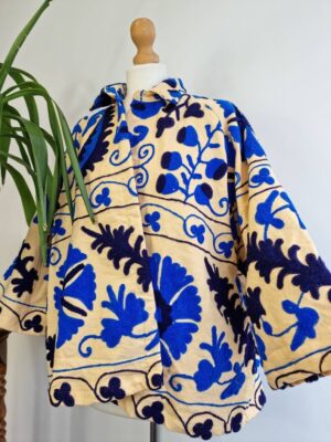 Suzani Hand Embroidered Unisex Bolero Short Jacket Spring Autumn Boho Uzbek Kashmir Crewel Special Love Gift | Classic Elegant Beige Blue | - Image 3