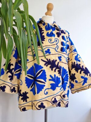 Suzani Hand Embroidered Unisex Bolero Short Jacket Spring Autumn Boho Uzbek Kashmir Crewel Special Love Gift | Classic Elegant Beige Blue | - Image 4