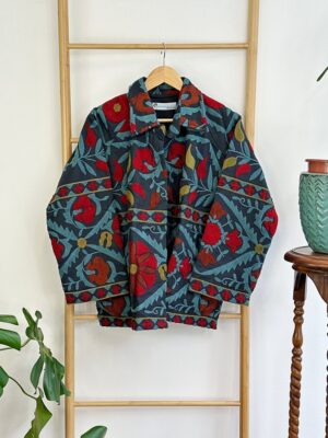 Suzani Hand Silk Embroidered Bolero Short Autumn Winter Jacket Boho Gypsy Crewel Special Love Gift | Navy Teal Marroon Slate Aqua Floral - Image 2