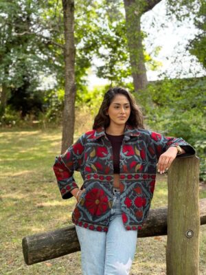 Suzani Hand Silk Embroidered Bolero Short Autumn Winter Jacket Boho Gypsy Crewel Special Love Gift | Navy Teal Marroon Slate Aqua Floral - Image 6