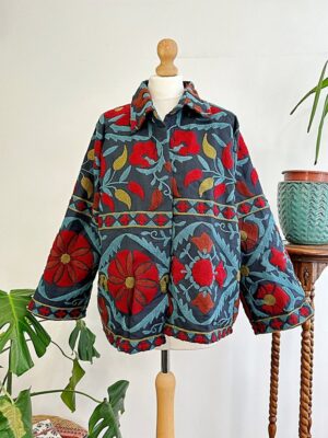 Suzani Hand Silk Embroidered Bolero Short Autumn Winter Jacket Boho Gypsy Crewel Special Love Gift | Navy Teal Marroon Slate Aqua Floral - Image 7