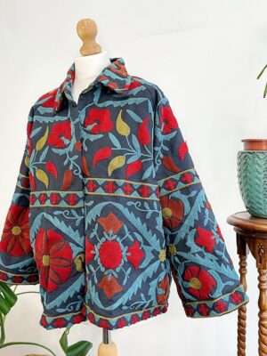 Suzani Hand Silk Embroidered Bolero Short Autumn Winter Jacket Boho Gypsy Crewel Special Love Gift | Navy Teal Marroon Slate Aqua Floral - Image 8