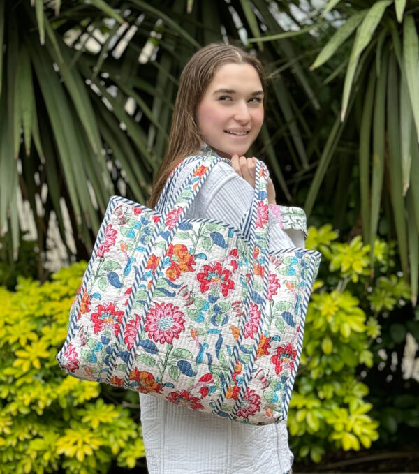 Quilted Cotton Handprinted Reversible Large White Red Floral Tote Bag Eco friendly Sustainable Sturdy Grocery Shopping Handmade Artist Boho