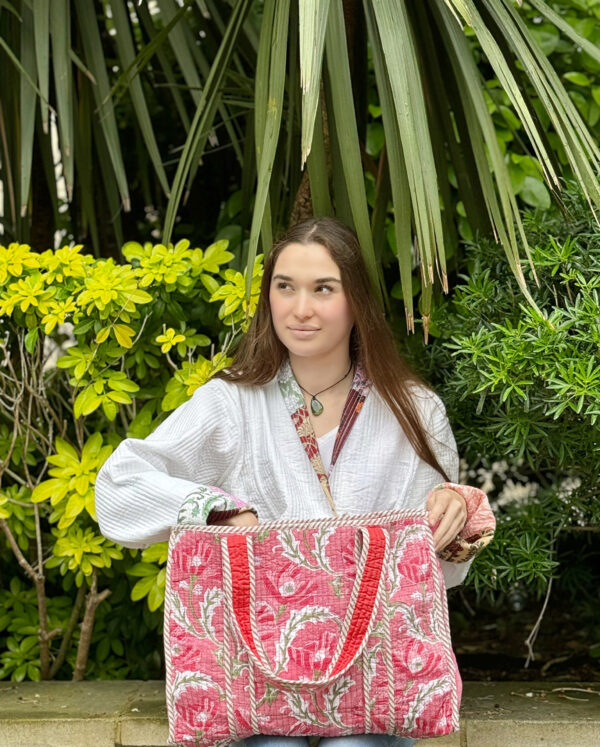 Quilted Cotton Handprint Reversible Large Pink White Grey Floral Tote Bag Eco friendly Sustainable Sturdy Grocery Shopping Handmade Art Boho