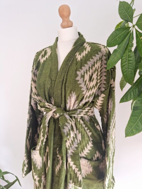 Unisex Yak Wool Blend Floral Kimono/Robe | Regal Urban Fresh Leaf Henna Green Beige Cream | Geometric Diamonds Aztec Print | Christmas Cosy