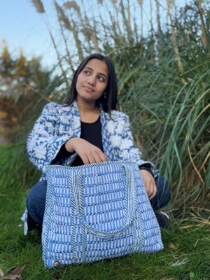 Quilted Cotton Handprinted Reversible Large Tote Bag Eco friendly Sustainable Sturdy Grocery Shopping Handmade Boho | Geometric Spring Blue - Image 2