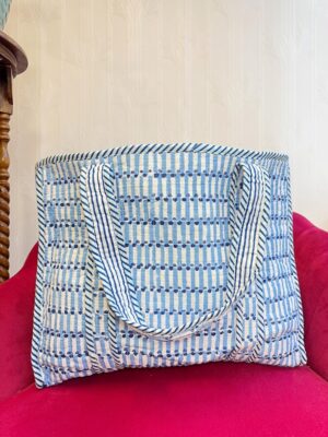 Quilted Cotton Handprinted Reversible Large Tote Bag Eco friendly Sustainable Sturdy Grocery Shopping Handmade Boho | Geometric Spring Blue - Image 3