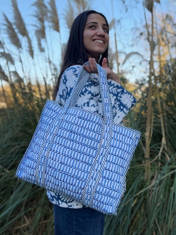 Quilted Cotton Handprinted Reversible Large Tote Bag Eco friendly Sustainable Sturdy Grocery Shopping Handmade Boho | Geometric Spring Blue