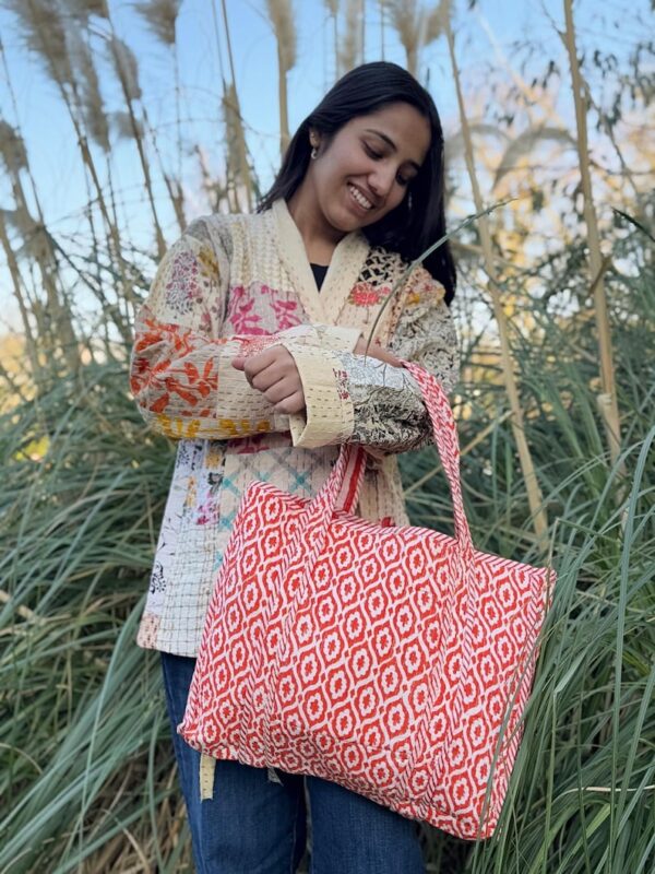 Quilted Cotton Handprinted Reversible Large Orange Crush Ikat Tote Bag Eco friendly Sustainable Sturdy Grocery Shopping Handmade Art Boho