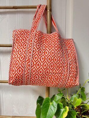 Quilted Cotton Handprinted Reversible Large Orange Crush Ikat Tote Bag Eco friendly Sustainable Sturdy Grocery Shopping Handmade Art Boho - Image 4