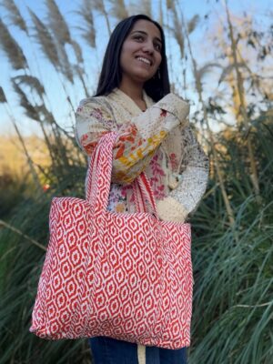 Quilted Cotton Handprinted Reversible Large Orange Crush Ikat Tote Bag Eco friendly Sustainable Sturdy Grocery Shopping Handmade Art Boho - Image 2