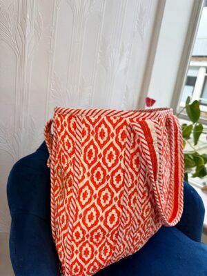 Quilted Cotton Handprinted Reversible Large Orange Crush Ikat Tote Bag Eco friendly Sustainable Sturdy Grocery Shopping Handmade Art Boho - Image 5