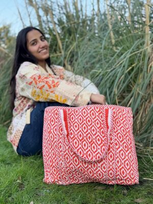 Quilted Cotton Handprinted Reversible Large Orange Crush Ikat Tote Bag Eco friendly Sustainable Sturdy Grocery Shopping Handmade Art Boho - Image 3