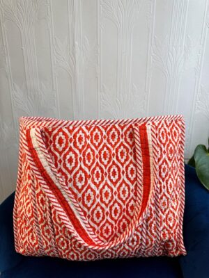 Quilted Cotton Handprinted Reversible Large Orange Crush Ikat Tote Bag Eco friendly Sustainable Sturdy Grocery Shopping Handmade Art Boho - Image 7