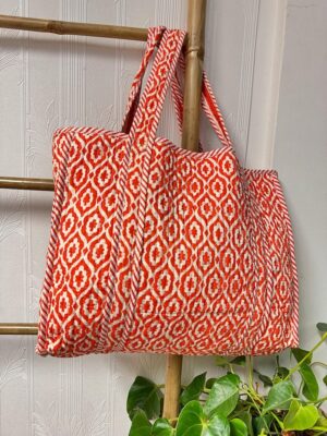 Quilted Cotton Handprinted Reversible Large Orange Crush Ikat Tote Bag Eco friendly Sustainable Sturdy Grocery Shopping Handmade Art Boho - Image 8