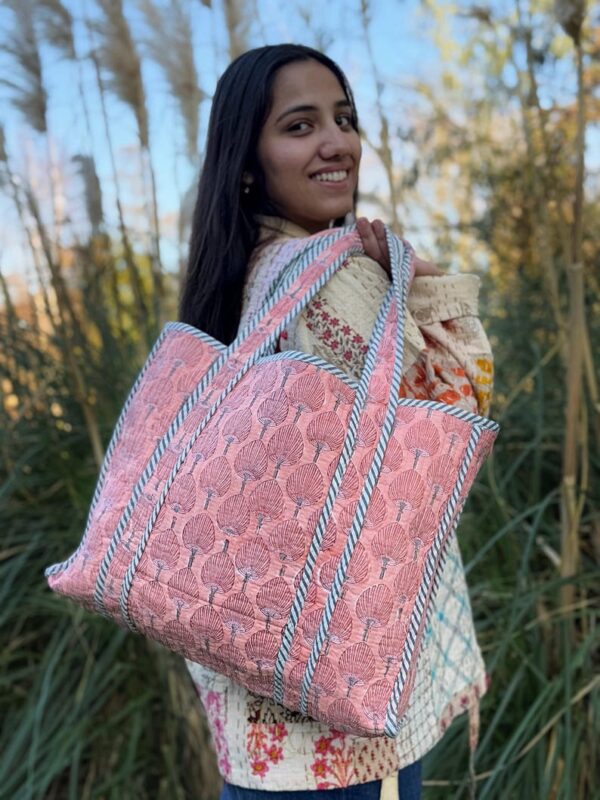 Quilted Cotton Handprinted Reversible Large Pastel Peach Floral Tote Bag Eco friendly Sustainable Sturdy Grocery Shopping Handmade Art Boho