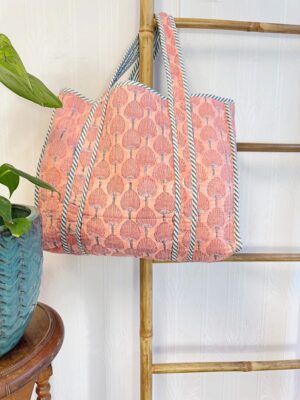 Quilted Cotton Handprinted Reversible Large Pastel Peach Floral Tote Bag Eco friendly Sustainable Sturdy Grocery Shopping Handmade Art Boho - Image 3