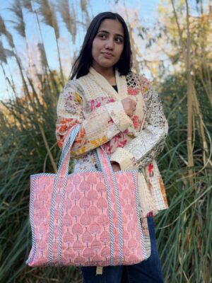 Quilted Cotton Handprinted Reversible Large Pastel Peach Floral Tote Bag Eco friendly Sustainable Sturdy Grocery Shopping Handmade Art Boho - Image 2