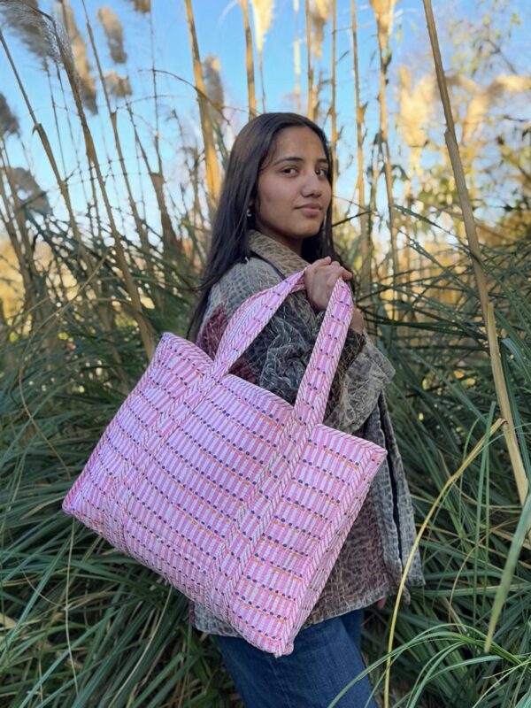 Quilted Cotton Handprinted Large Spring Pastel Pink White Geometric Tote Bag Eco friendly Sturdy Grocery Shopping Handmade Artist Boho