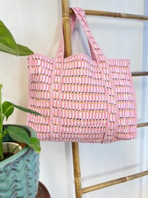 Quilted Cotton Handprinted Large Spring Pastel Pink White Geometric Tote Bag Eco friendly Sturdy Grocery Shopping Handmade Artist Boho - Image 2