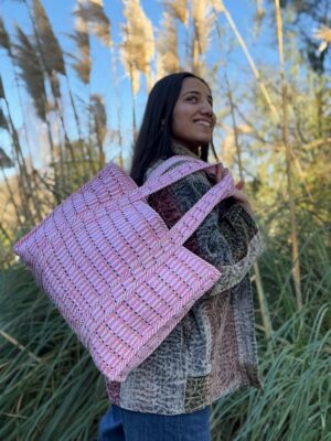 Quilted Cotton Handprinted Large Spring Pastel Pink White Geometric Tote Bag Eco friendly Sturdy Grocery Shopping Handmade Artist Boho - Image 3