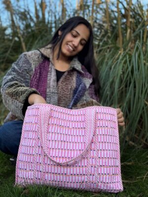 Quilted Cotton Handprinted Large Spring Pastel Pink White Geometric Tote Bag Eco friendly Sturdy Grocery Shopping Handmade Artist Boho - Image 4