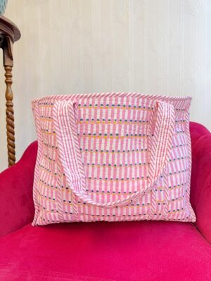 Quilted Cotton Handprinted Large Spring Pastel Pink White Geometric Tote Bag Eco friendly Sturdy Grocery Shopping Handmade Artist Boho - Image 5