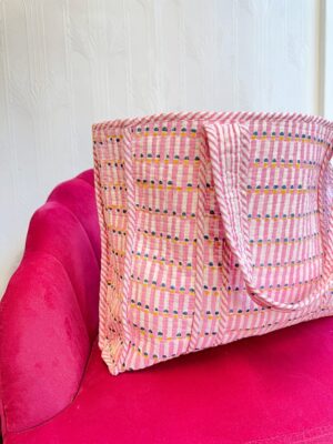 Quilted Cotton Handprinted Large Spring Pastel Pink White Geometric Tote Bag Eco friendly Sturdy Grocery Shopping Handmade Artist Boho - Image 6