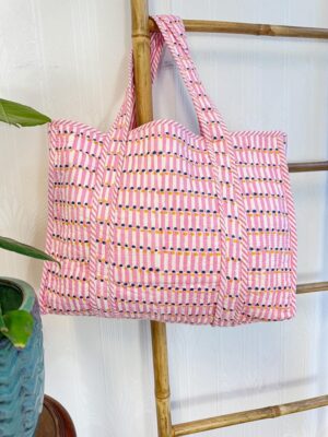 Quilted Cotton Handprinted Large Spring Pastel Pink White Geometric Tote Bag Eco friendly Sturdy Grocery Shopping Handmade Artist Boho - Image 8