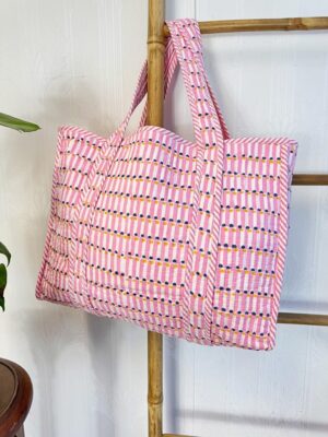 Quilted Cotton Handprinted Large Spring Pastel Pink White Geometric Tote Bag Eco friendly Sturdy Grocery Shopping Handmade Artist Boho - Image 9