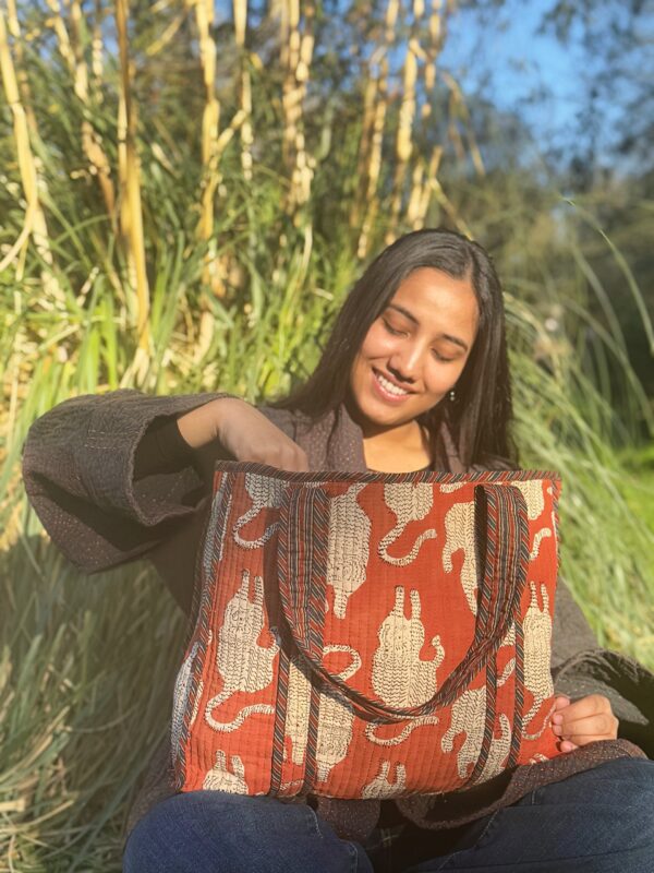 Quilted Cotton Reversible Large Spring Slate Red Hues Leopard Tote Bag Eco friendly Sustainable Sturdy Grocery Shopping Handmade Art Boho