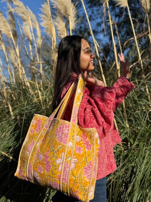 Quilted Cotton Reversible Large Spring Slate Yellow Pink Hues Floral Tote Bag Eco friendly Sustainable Sturdy Grocery Shopping Handmade Art Boho