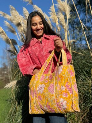 Quilted Cotton Reversible Large Spring Slate Yellow Pink Hues Floral Tote Bag Eco friendly Sustainable Sturdy Grocery Shopping Handmade Art Boho - Image 2