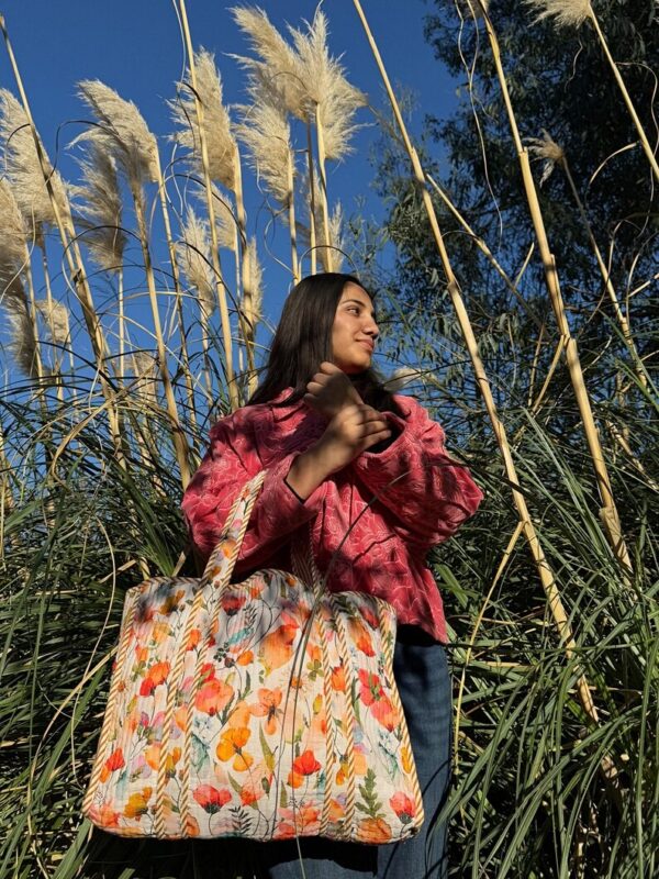 Quilted Cotton Reversible Large Spring Slate Peach Hues Floral Tote Bag Eco friendly Sustainable Sturdy Grocery Shopping Handmade Art Boho